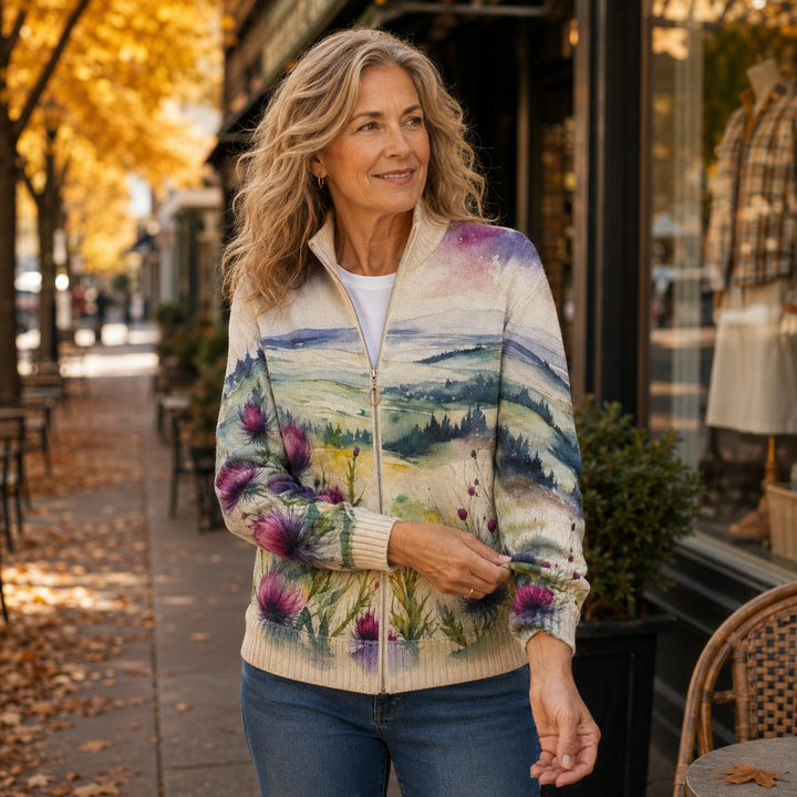 Women's cream cardigan with watercolour landscape and thistles