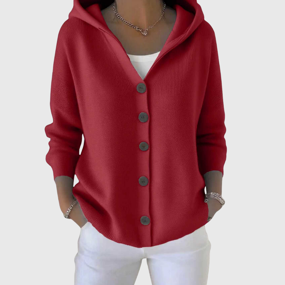 A woman wearing a hooded button cardigan open over a top for a relaxed everyday look.