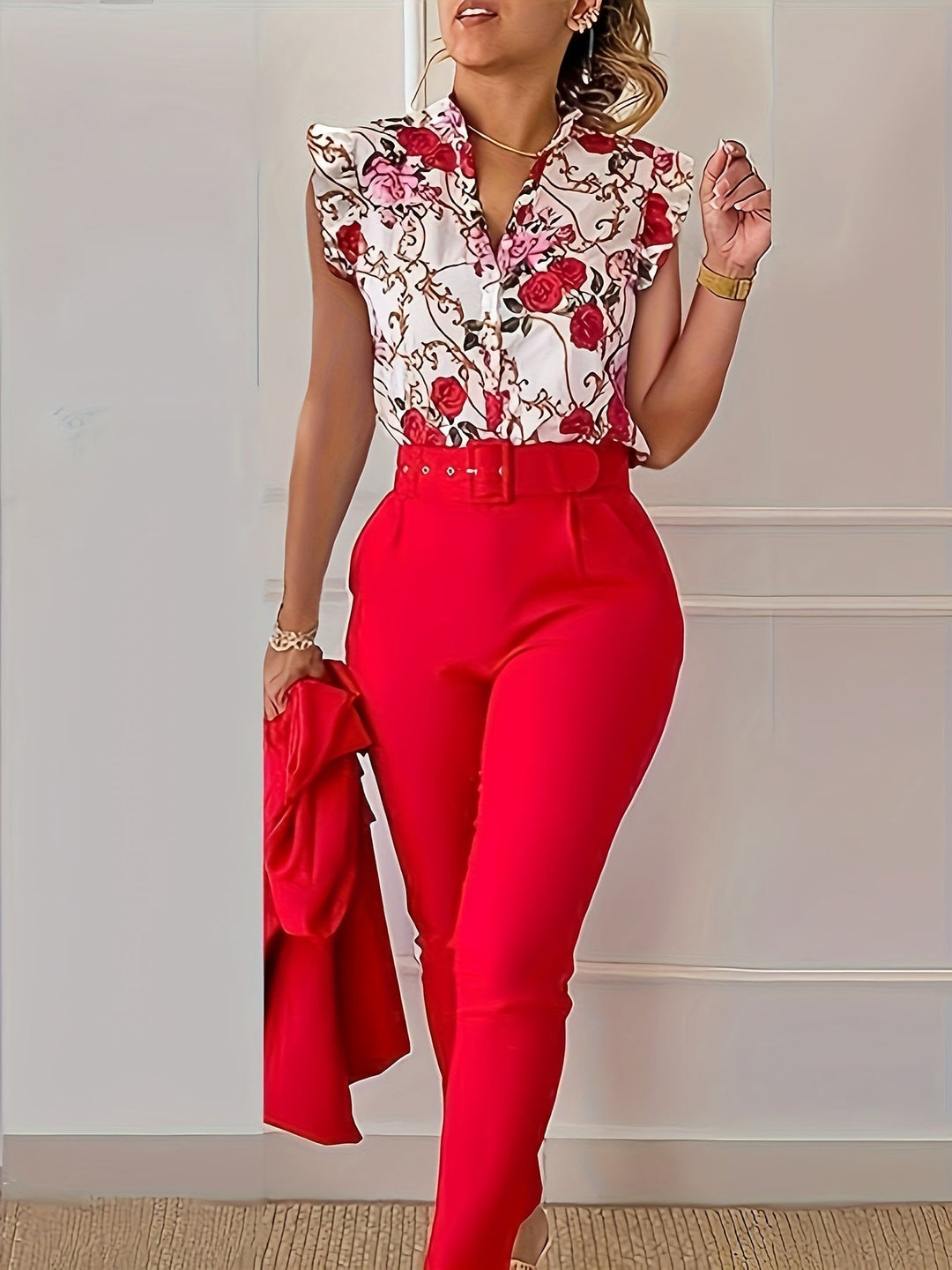 A woman wearing a floral ruffle-sleeve top with high-waisted pants, elegant and striking.