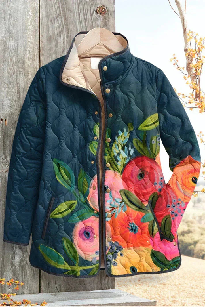 Mattie – Quilted Jacket with Blooms on Navy