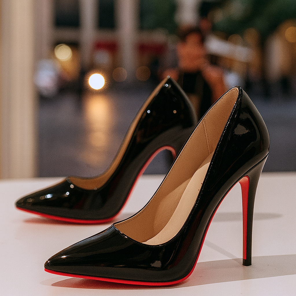A woman in cushioned black evening heels at a winter celebration.