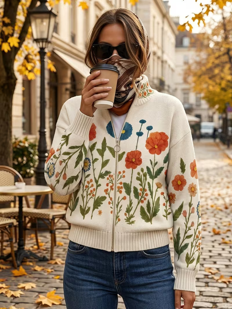 Women's cream cardigan with poppies and meadow flowers