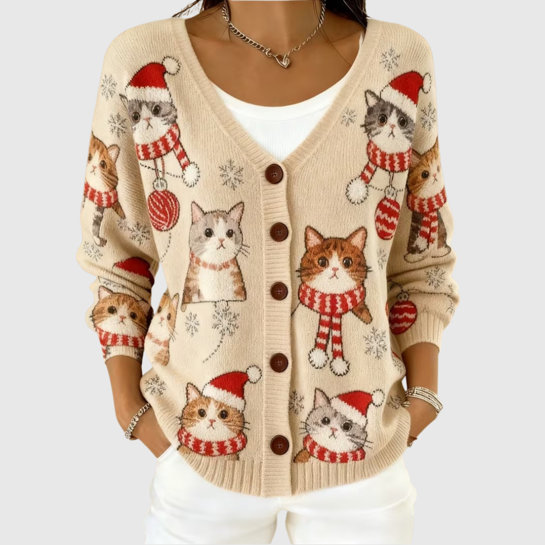 A woman wearing a soft button-front cardigan closed over a top, neat and comfortable