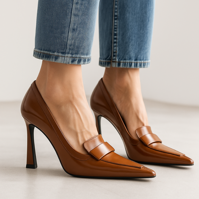 A woman in pointed refined heels stepping out confidently to a festive gathering.