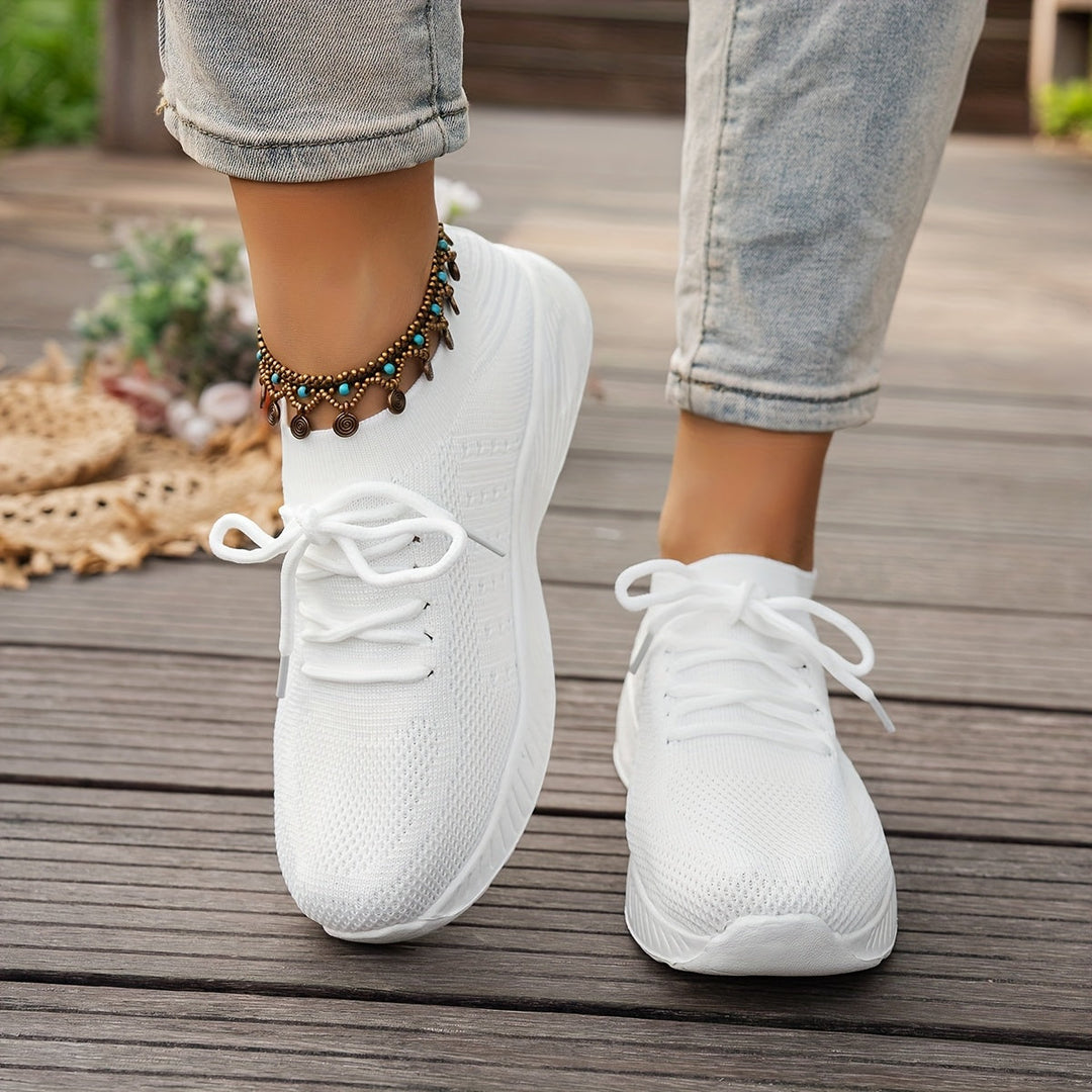 A woman wearing ultra-light comfort sneakers on a long walk