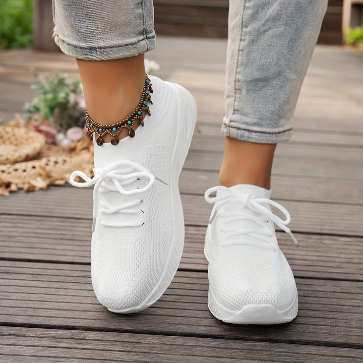 A woman wearing ultra-light comfort sneakers on a long walk