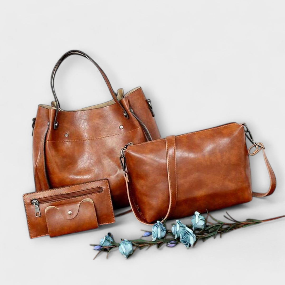 A woman carrying a coordinated vintage-style four-piece bag set on a day out