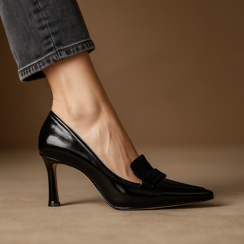 A woman in pointed refined heels stepping out confidently to a festive gathering.