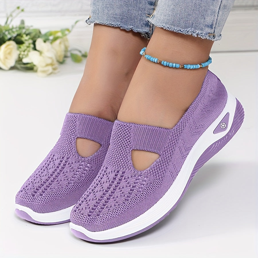 A woman stepping into easy slip-on comfort sneakers with no laces.