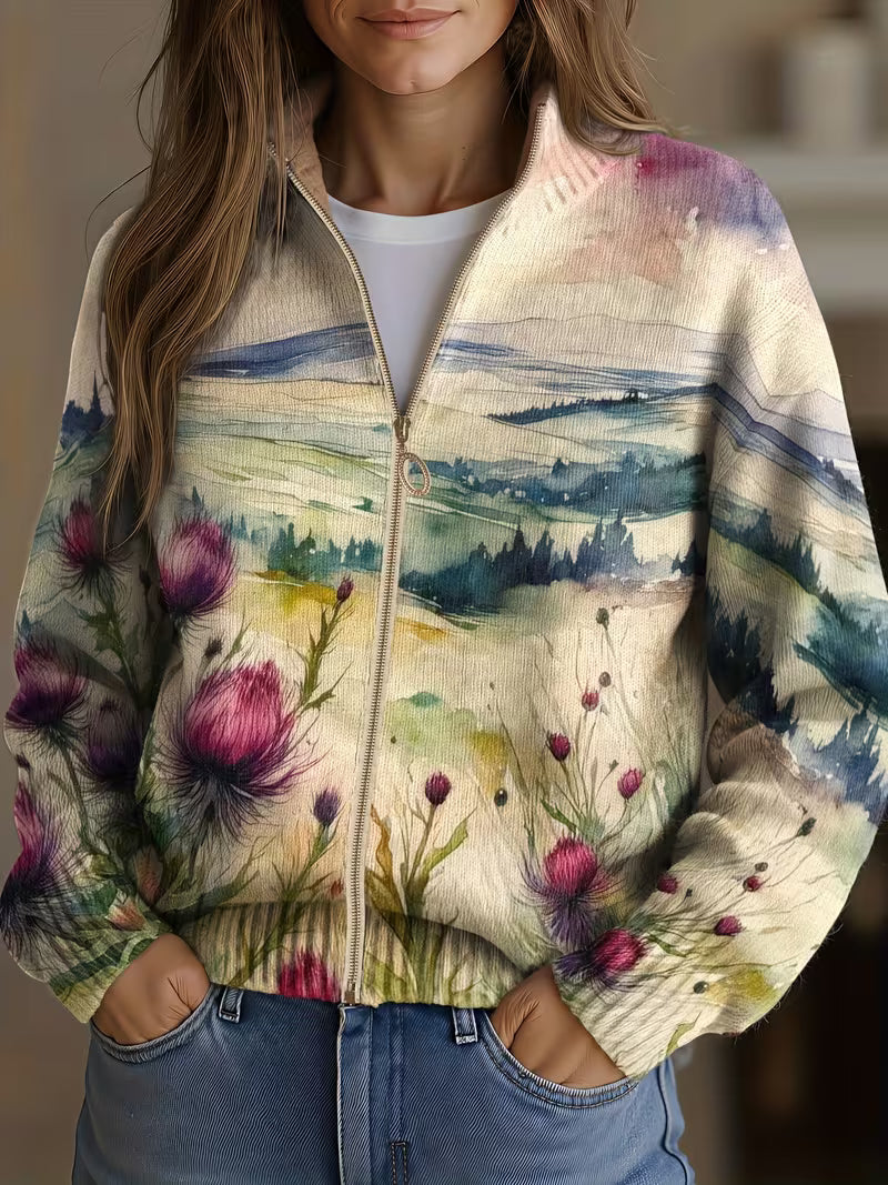 Women's cream cardigan with watercolour landscape and thistles