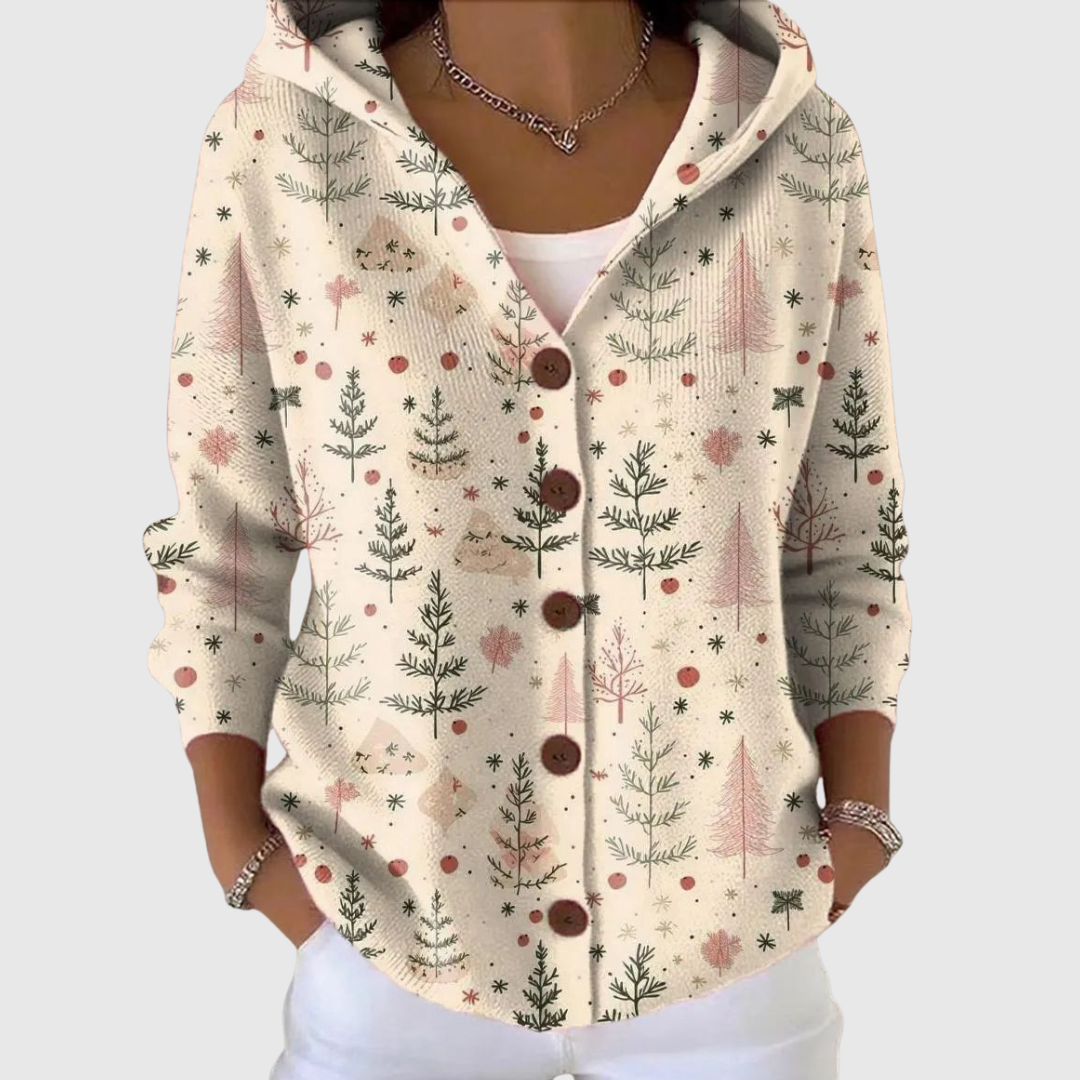 A woman wearing a soft all-season hooded cardigan open over a top on a mild day