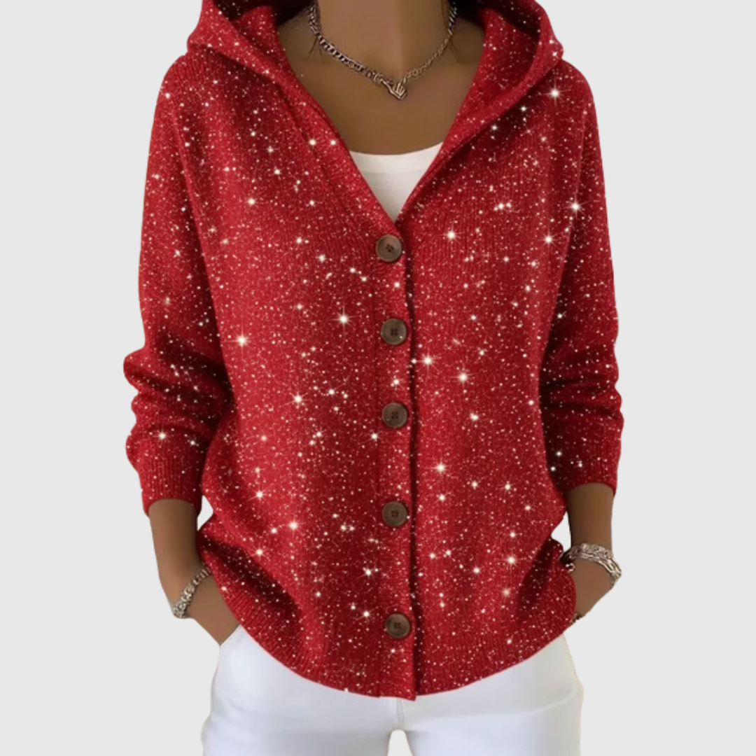 A woman wearing a soft comfort hooded cardigan, relaxed and warm on a mild day