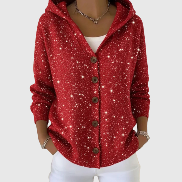 A woman wearing a soft comfort hooded cardigan, relaxed and warm on a mild day