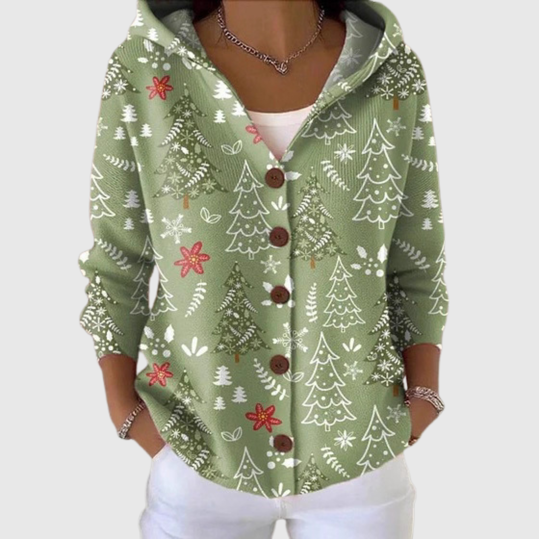 A woman wearing a versatile hooded cardigan, relaxed and comfortable on a mild day