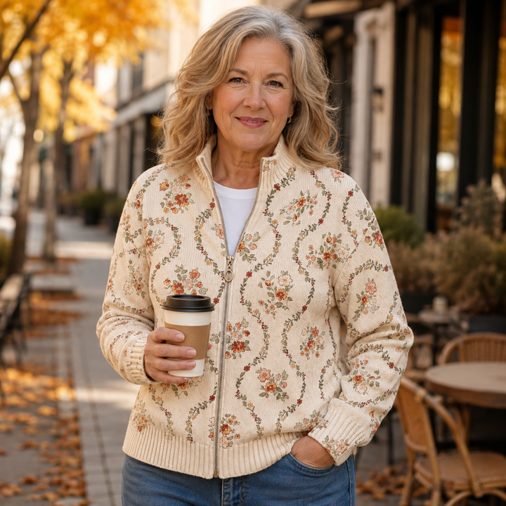 Women's cream cardigan with delicate flowering vines