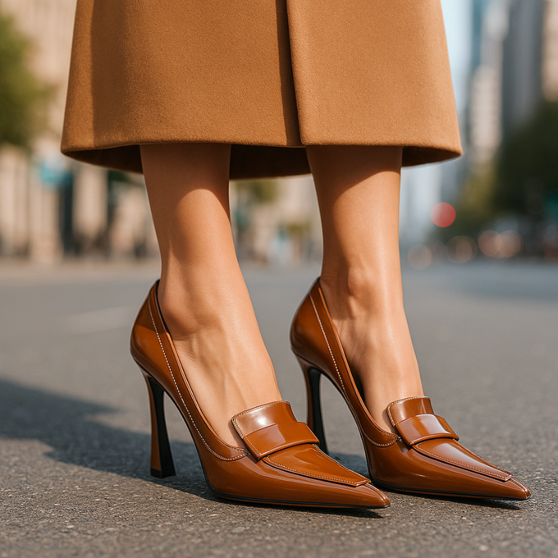 A woman in pointed refined heels stepping out confidently to a festive gathering.