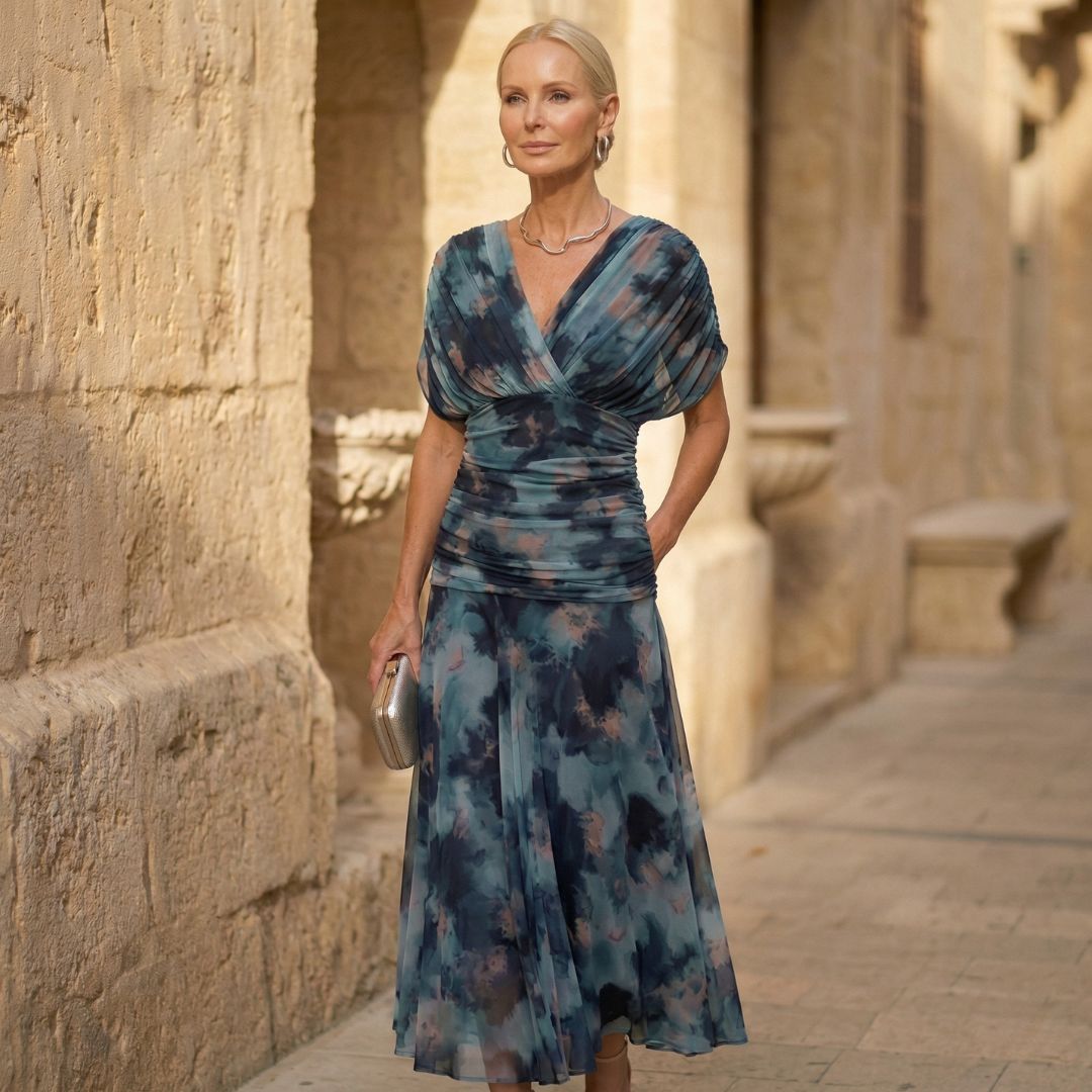A woman wearing a flowing blue watercolour dress at a summer occasion.