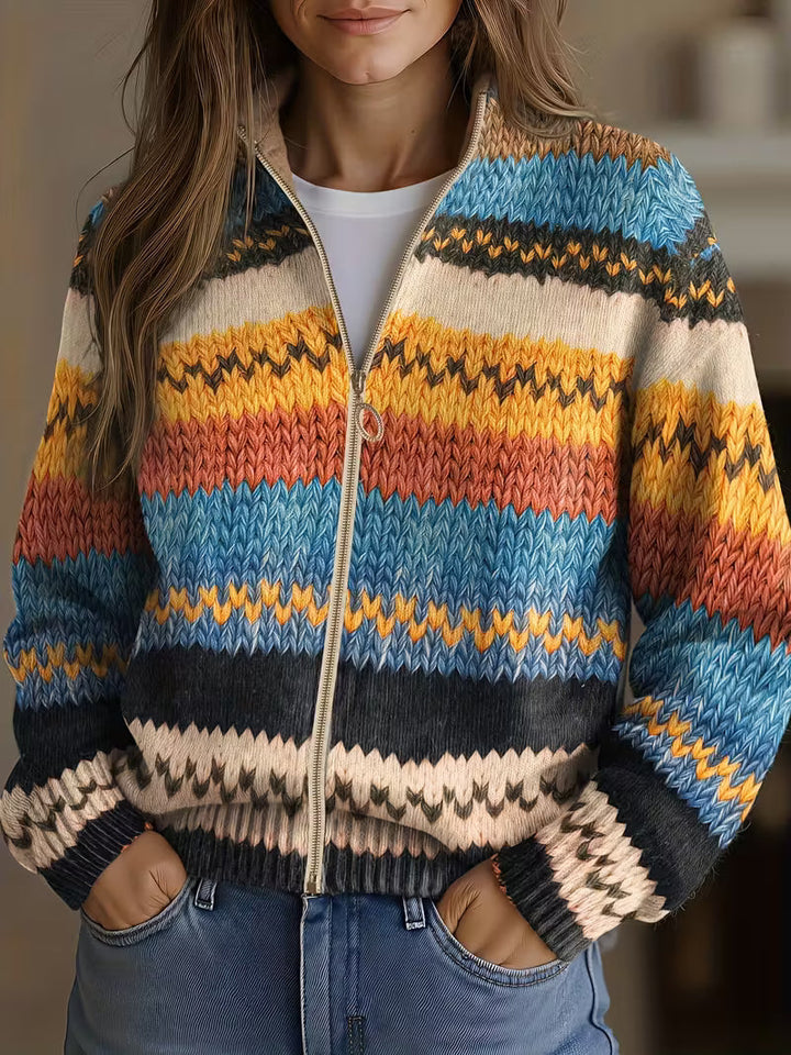 Women's cardigan with zigzag stripes in teal and mustard