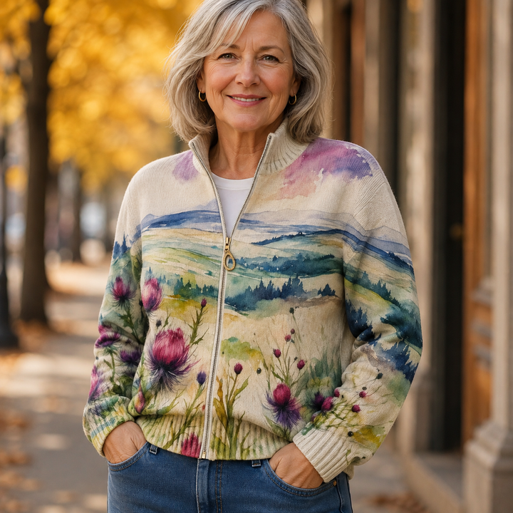 Women's cream cardigan with watercolour landscape and thistles