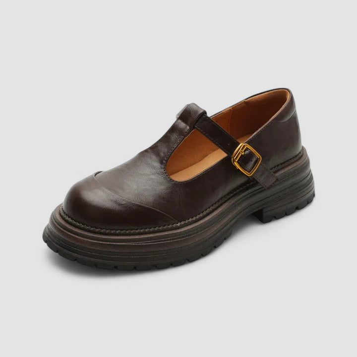 A woman wearing brown T-strap Mary Jane shoes, comfortable on a day around town.