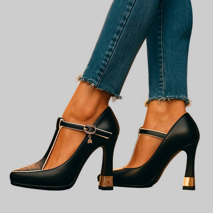 A woman in embellished T-strap block heels with sparkling detail at an evening celebration.