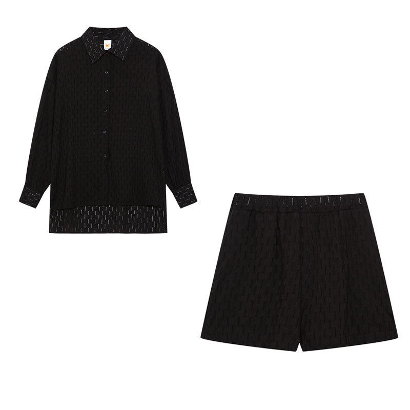 A woman wearing a classic button shirt with matching relaxed shorts, polished and easy.