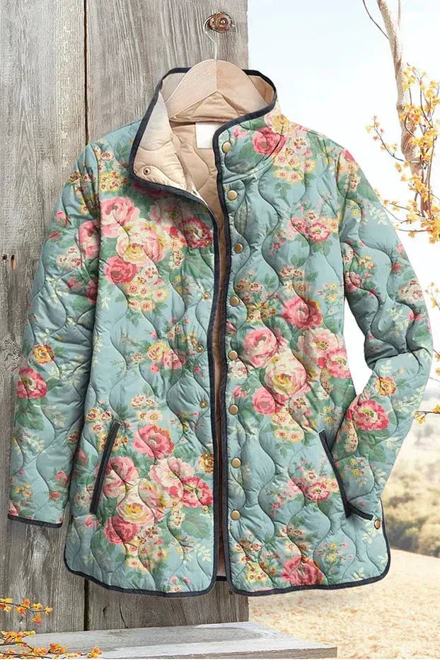 Dalia – Quilted Jacket with Roses on Mint