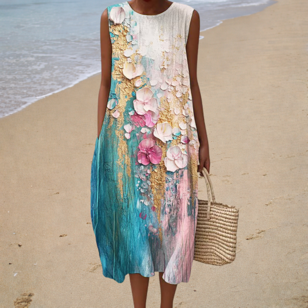 A woman wearing a sleeveless printed summer dress, cool and elegant on a hot summer day.