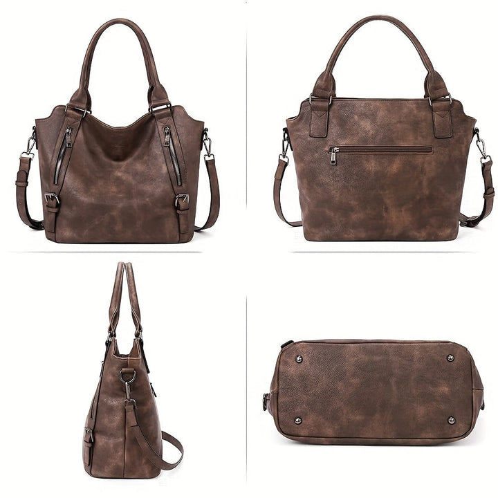 A woman wearing a roomy shoulder bag across her body while out running errands.