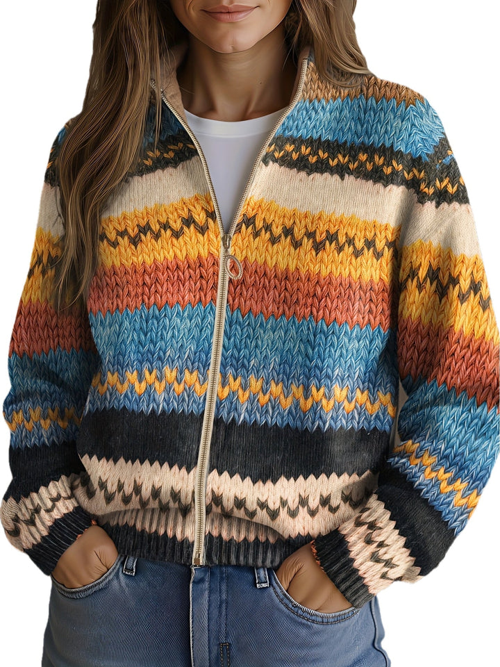 Women's cardigan with zigzag stripes in teal and mustard