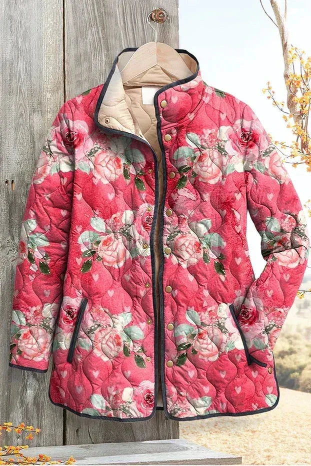 Geneva – Quilted Jacket with Roses in Berry