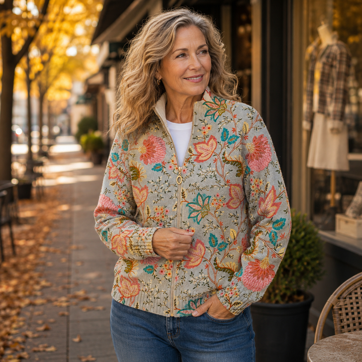 Women's sage grey cardigan with large vintage blooms