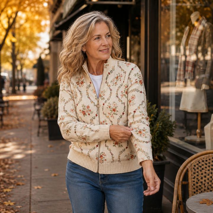 Women's cream cardigan with delicate flowering vines