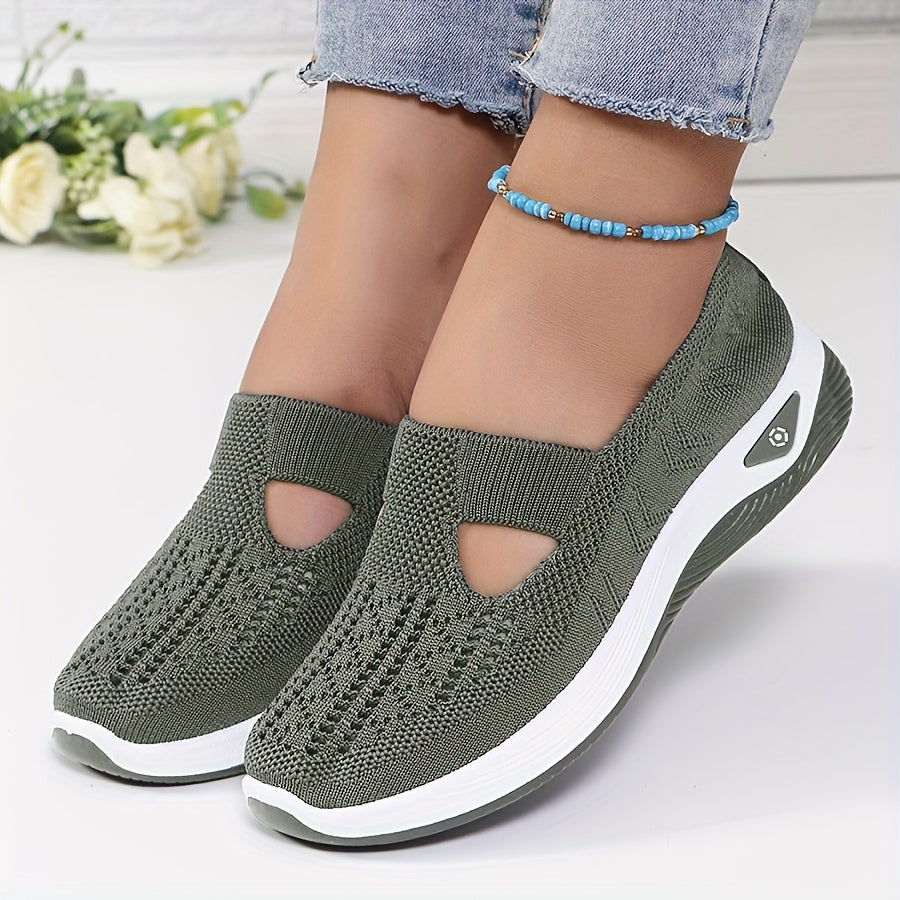 A woman stepping into easy slip-on comfort sneakers with no laces.