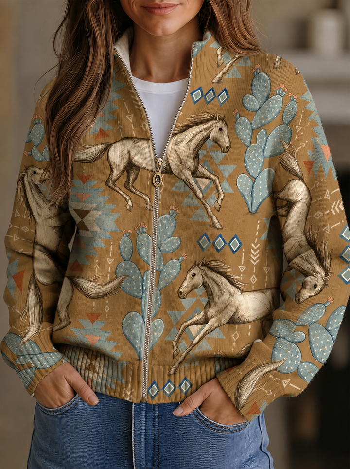 Women's caramel cardigan with horse and cactus print