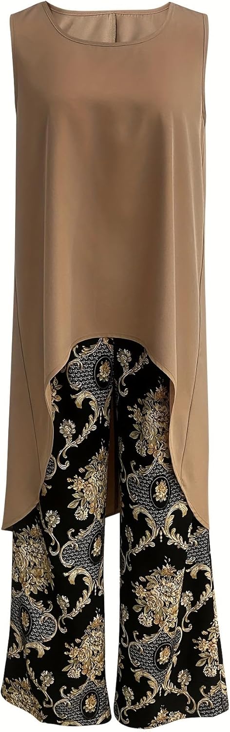 A woman wearing a flowing boho tunic with printed wide-leg pants, relaxed and artful.