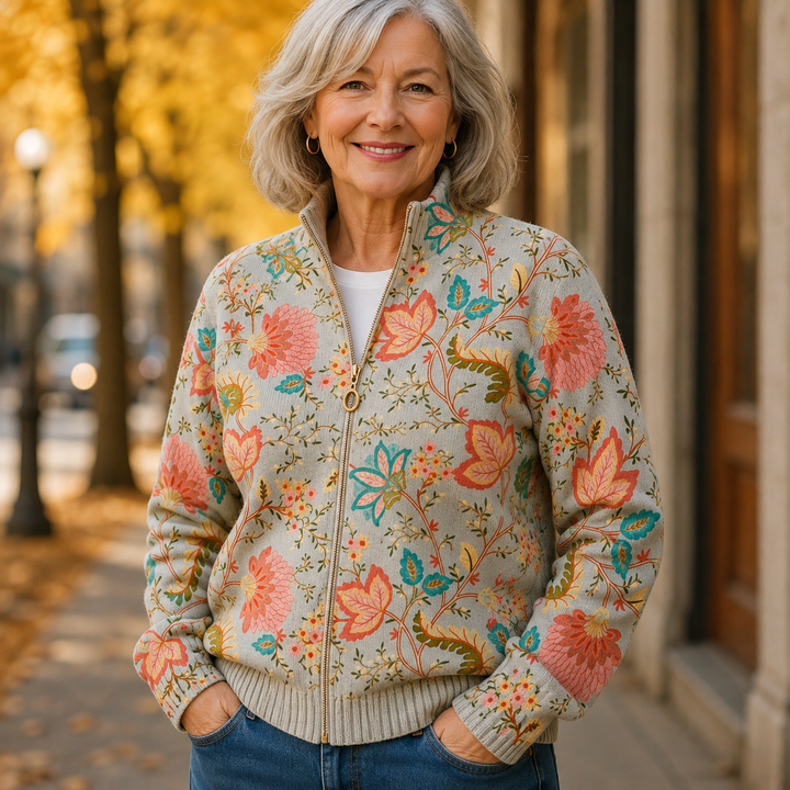 Women's sage grey cardigan with large vintage blooms