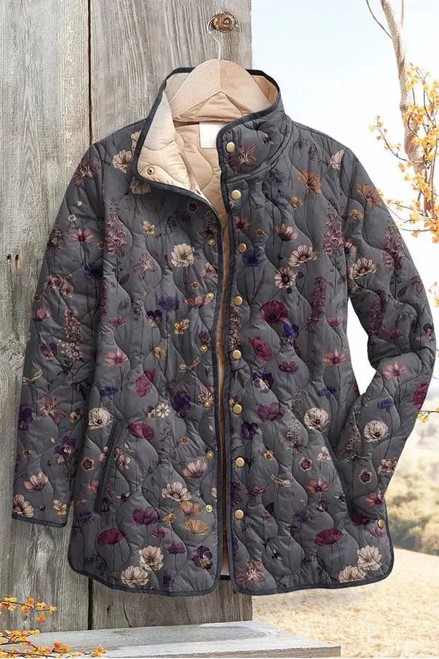 Bridie – Quilted Jacket with Blooms in Grey