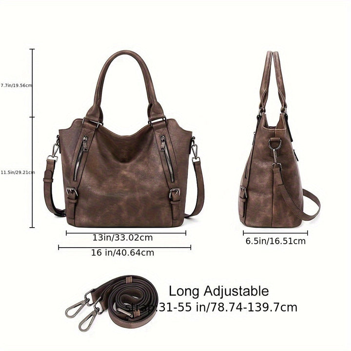 A woman wearing a roomy shoulder bag across her body while out running errands.