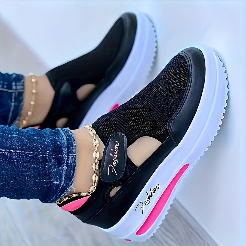 A woman slipping on breathable, cushioned slip-on sneakers with pants