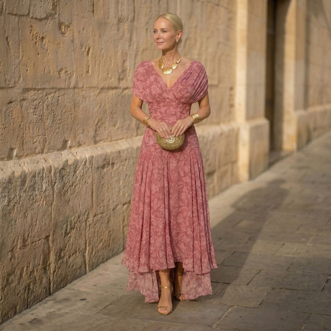 A woman wearing an elegant flowing pink dress at an afternoon occasion.