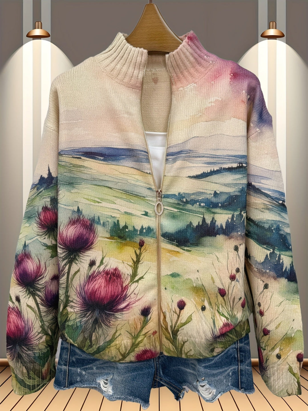 Women's cream cardigan with watercolour landscape and thistles