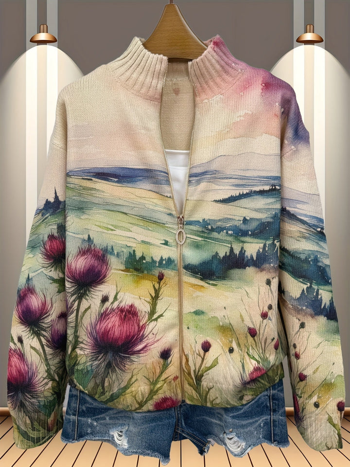 Women's cream cardigan with watercolour landscape and thistles
