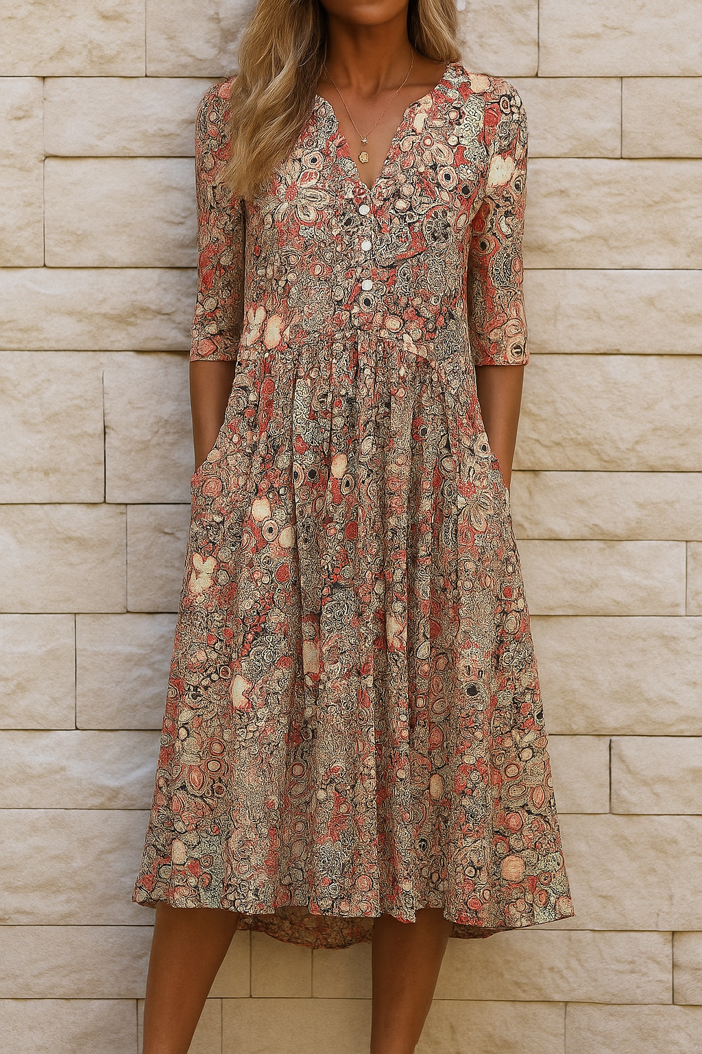 Woman wearing the Sandra elegant V-neck dress with three-quarter sleeves, walking through a city street.