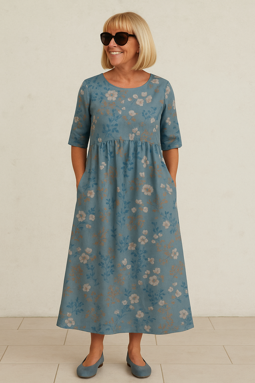 A woman wearing the Elizabeth relaxed floral midi dress with an A-line skirt, out for a daytime stroll.