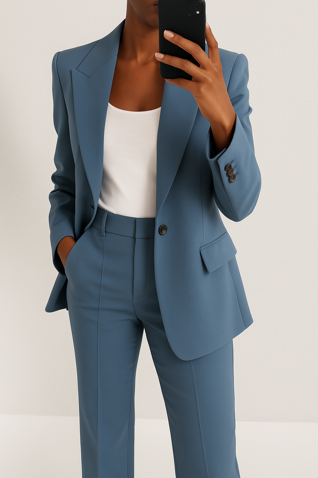 A woman wearing a tailored slim-fit blazer with matching pants.
