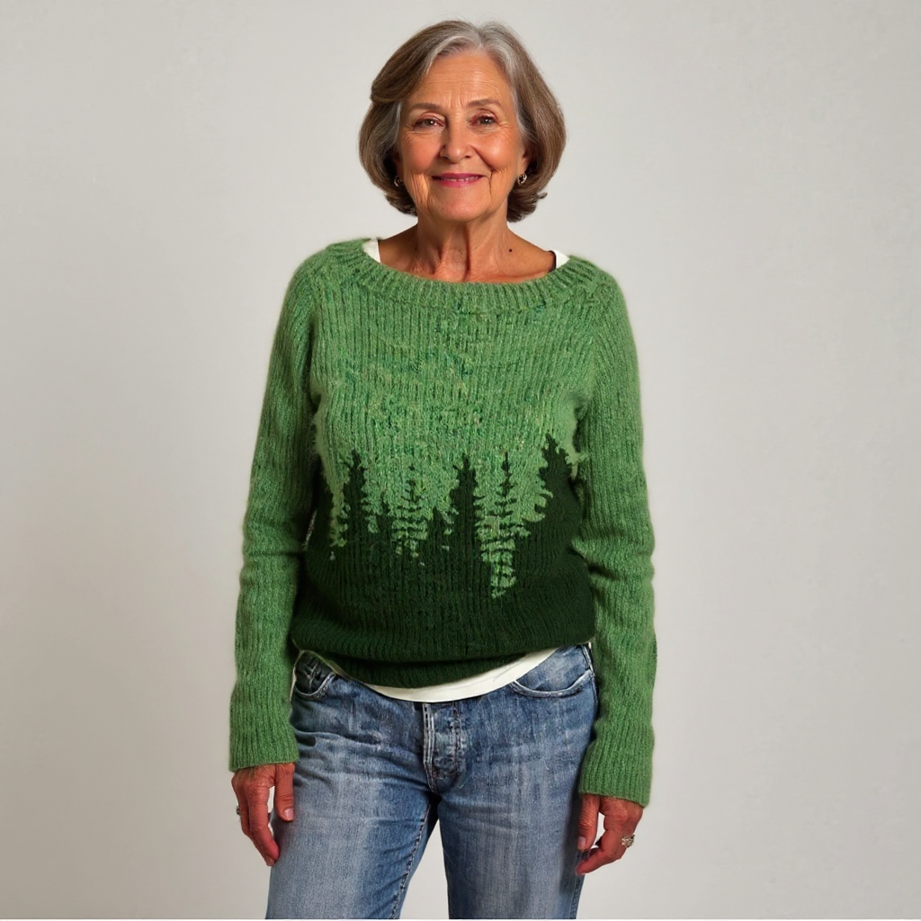 Cara – Sweater with Firs in Forest Green