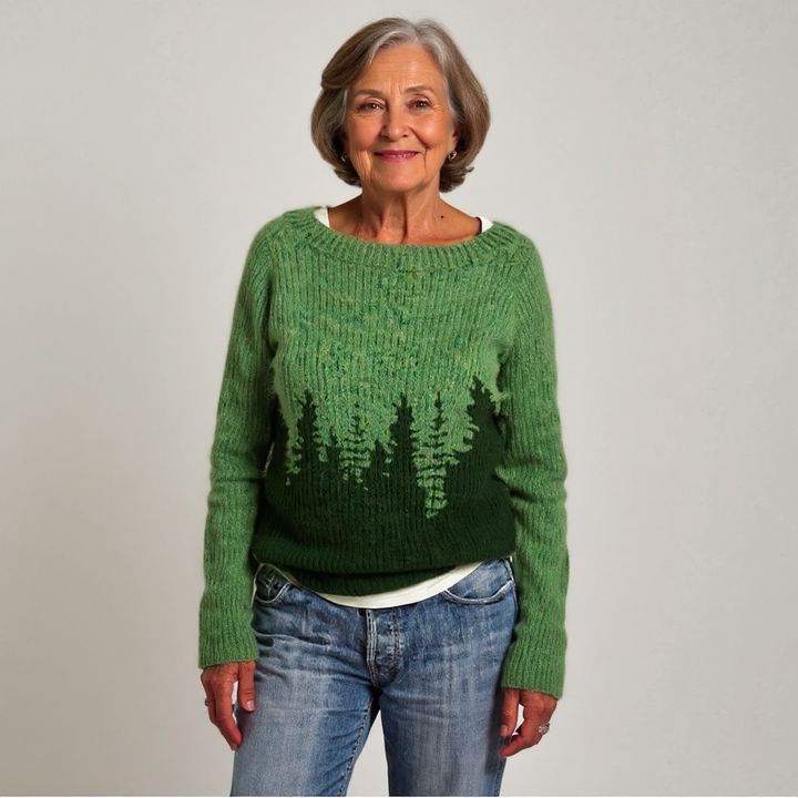 Cara – Sweater with Firs in Forest Green