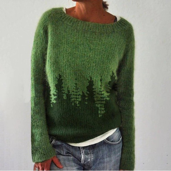 Cara – Sweater with Firs in Forest Green