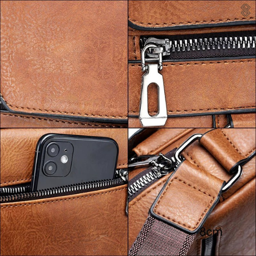 A tan crossbody bag with a flap front, zip pocket and wide adjustable strap on a wooden stump.